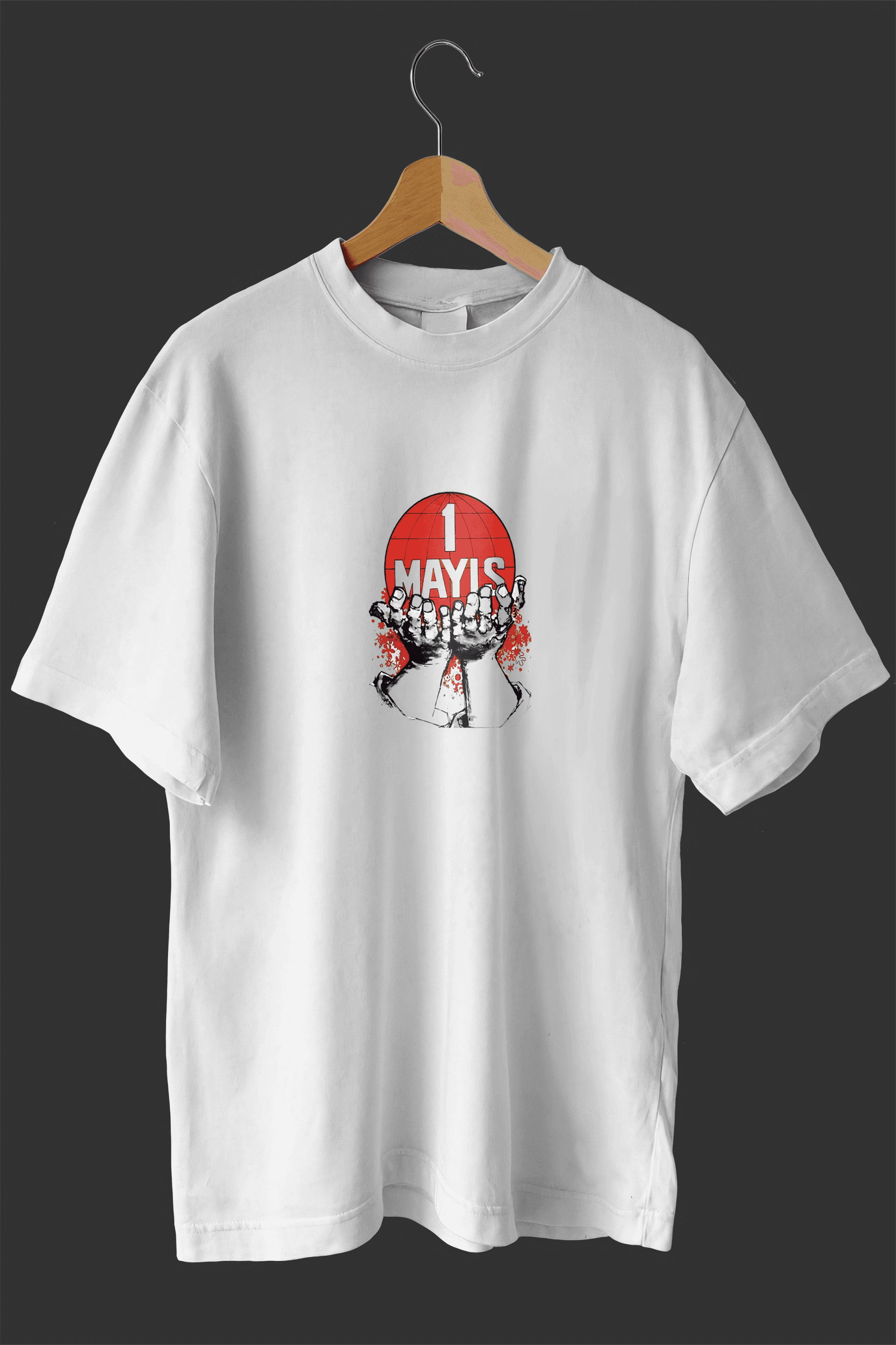 1 Mayıs Emek ve Dayanışma Günü Baskılı Oversize Bisiklet Yaka T-shirt - Beyaz