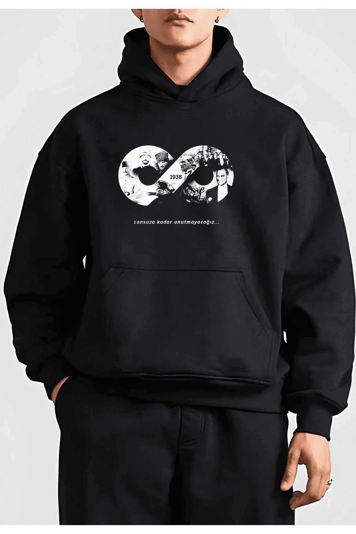 Erkek 10 Kasıma Özel 3 İplik Kapüşonlu Baskılı SweatShirt Hoodie - Siyah