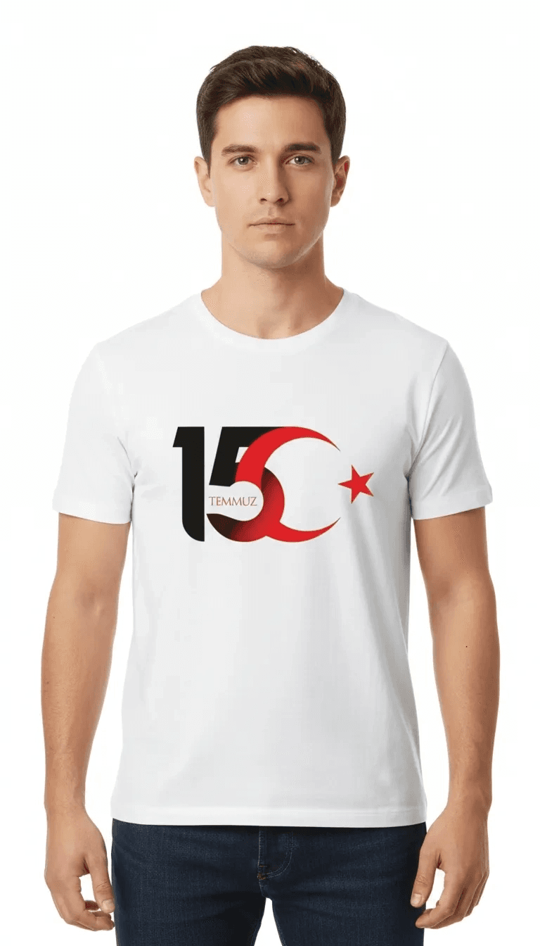 15 Temmuz Demokrasi ve Milli Birlik Günü Ay Yıldız Baskılı T-shirt - Beyaz — görsel 1 / 2