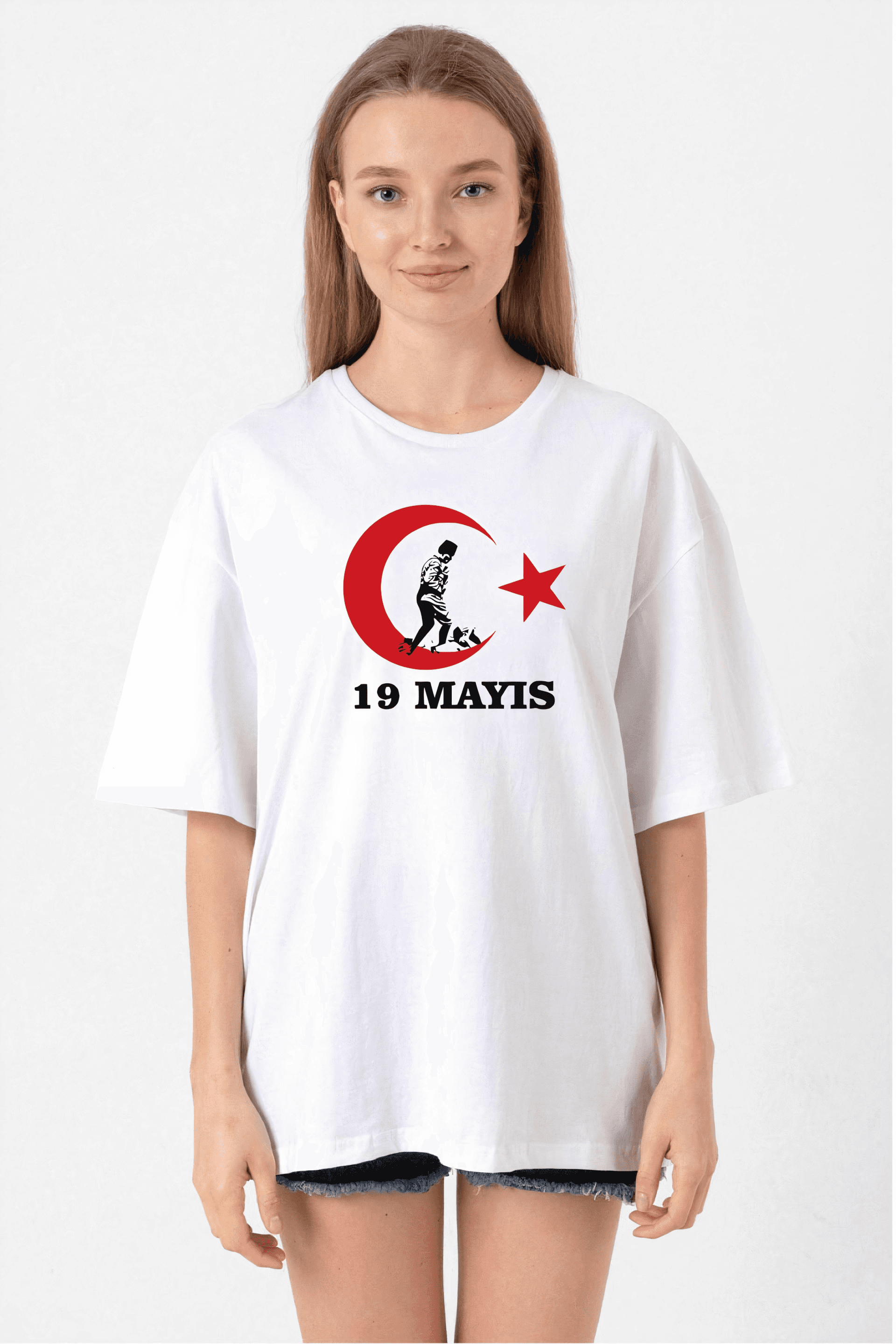 19 Mayıs Atatürk Gençlik Spor Bayramı Baskılı Bisiklet Yaka T-shirt - Beyaz