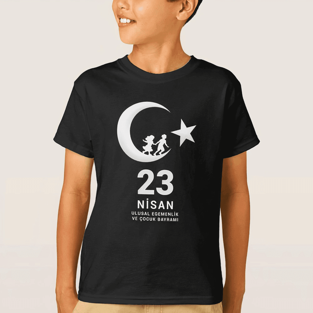 Çocuk 23 Nisan Ulusal Egemenlik ve Çocuk Bayramı Baskılı Bisiklet Yaka T-shirt - Siyah — görsel 1 / 3