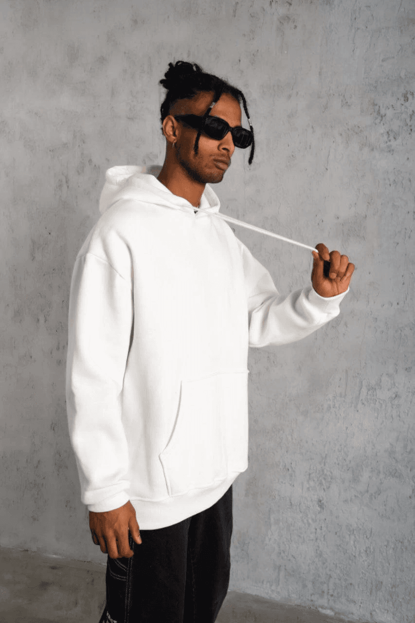 Erkek 3 İplik Pamuklu Kapüşonlu Cepli Düz Hoodie Sweatshirt - Beyaz — görsel 1 / 5