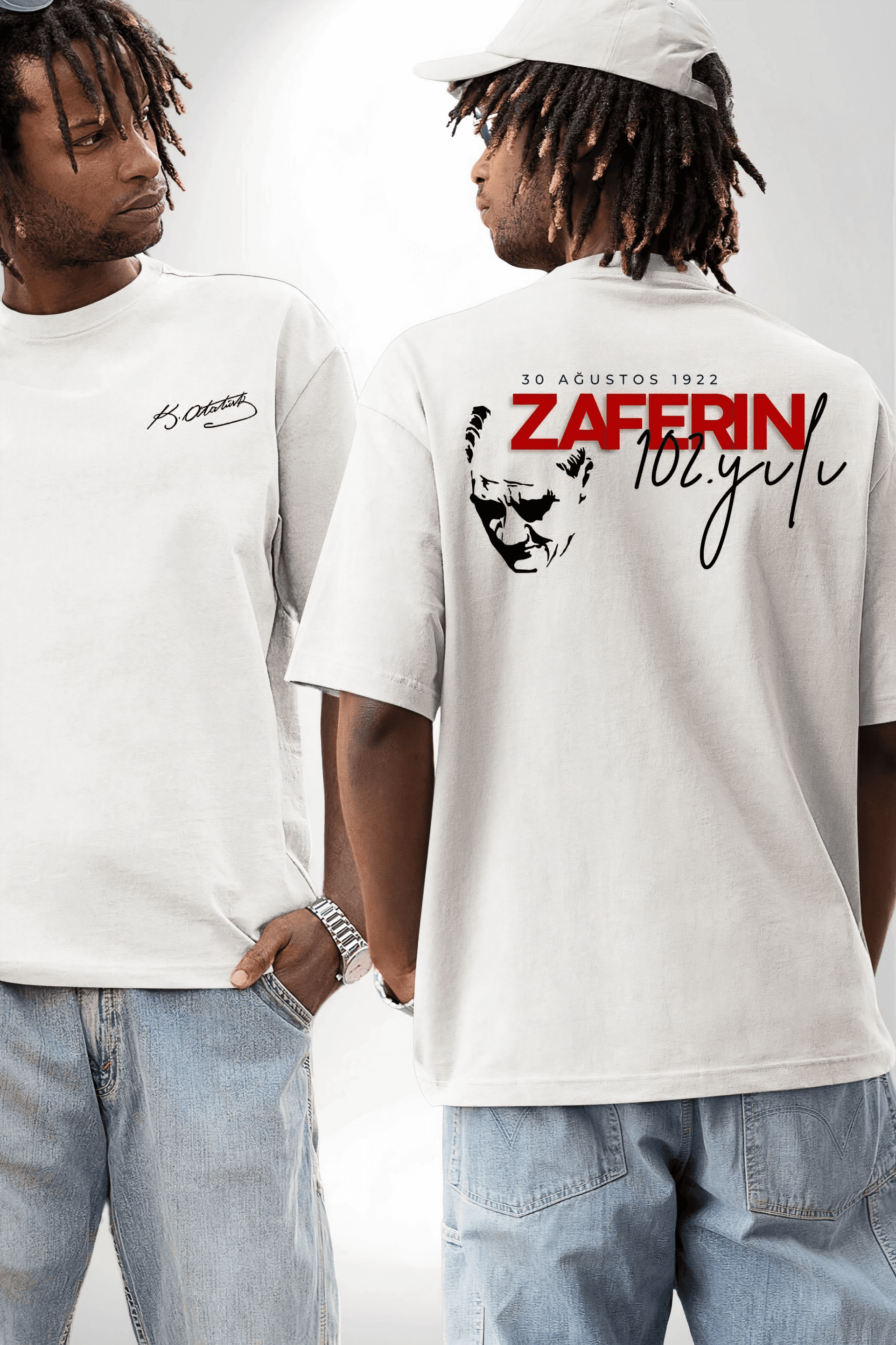 30 Ağustos Zafer Bayramı Ön Arka Baskılı Oversize Bisiklet Yaka T-shirt - Beyaz — görsel 1 / 3