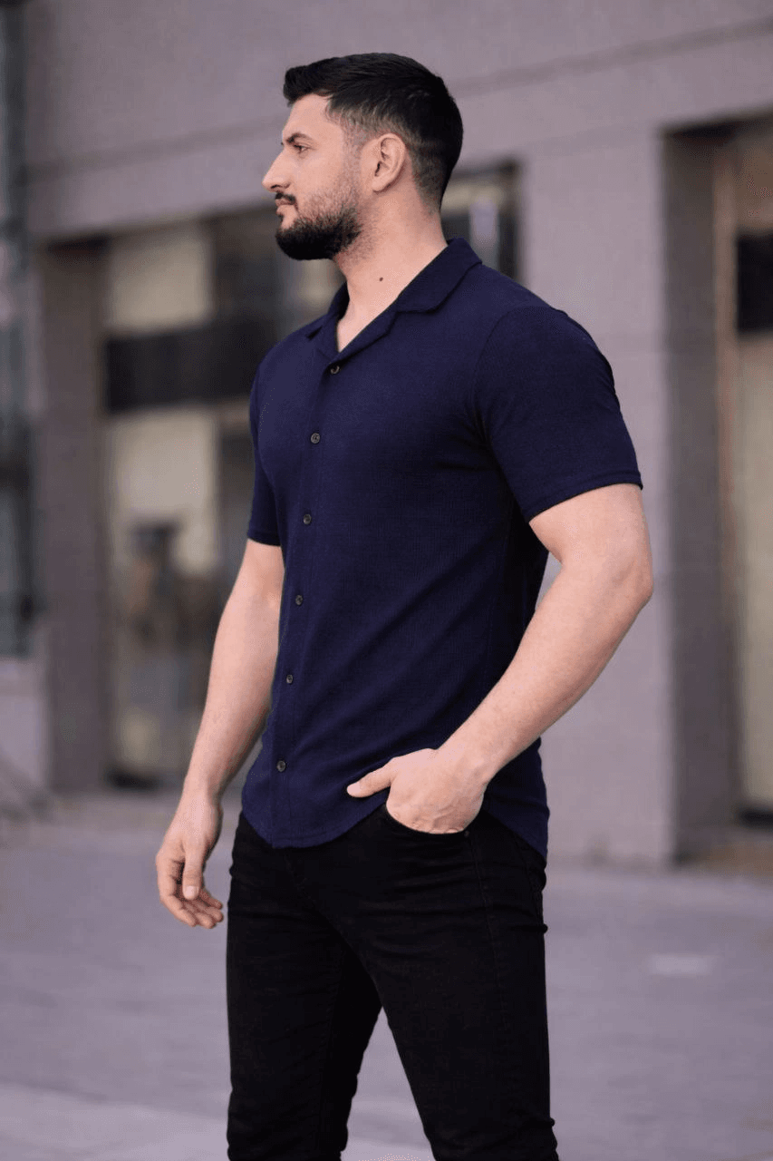 Erkek Waffle Kumaş Kısa Kollu Düğmeli Açık Yaka Regular Fit Gömlek - Lacivert