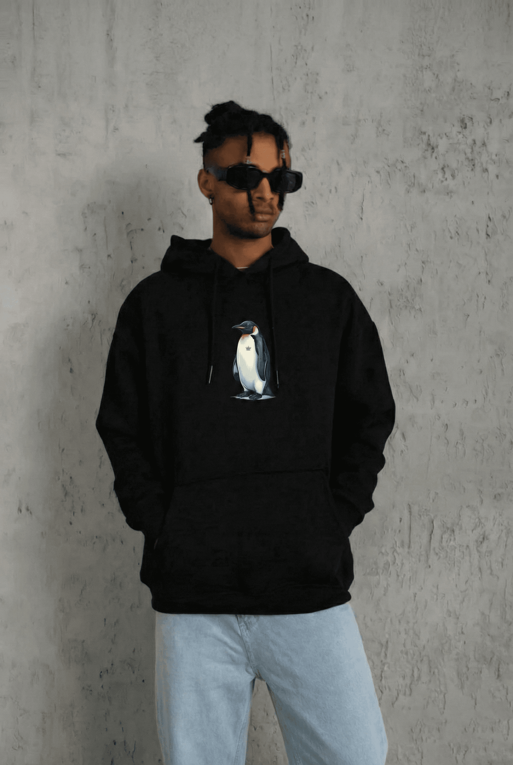 Erkek Survivor Penguin Baskılı 3 İplik Pamuklu Kapüşonlu Sweatshirt Hoodie Siyah — görsel 1 / 4