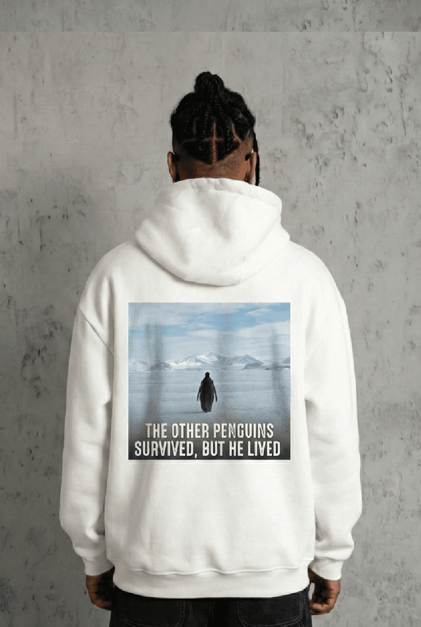 Erkek Survivor Penguin Baskılı 3 İplik Pamuklu Kapüşonlu Sweatshirt Hoodie Beyaz