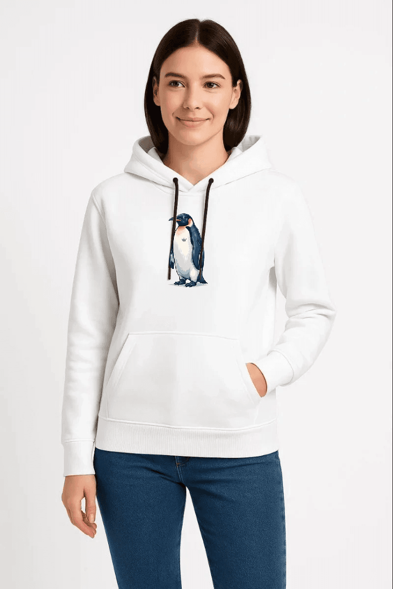 Kadın 3 İplik Pamuklu Kapüşonlu Hoodie Sweatshirt Survivor Penguen Baskılı - Beyaz