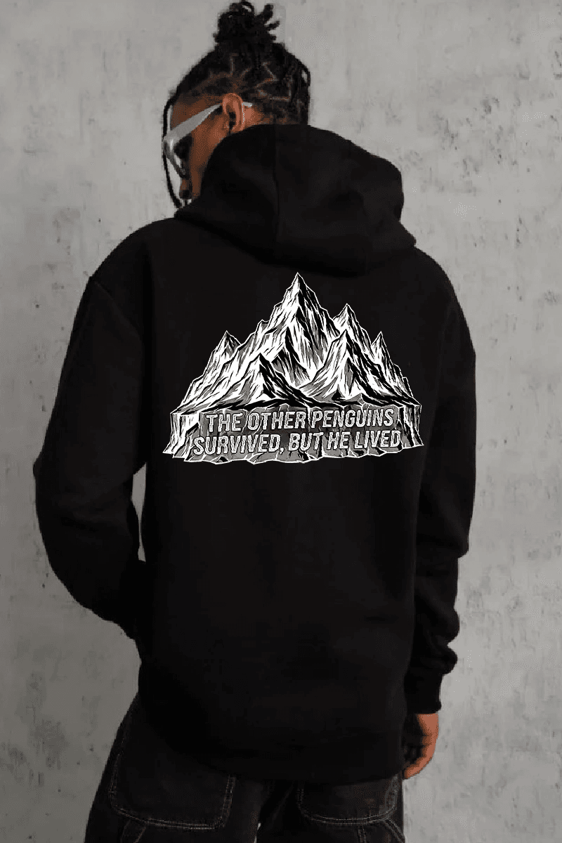 Erkek Nihilist Penguen Baskılı 3 İplik Pamuklu Kapüşonlu Sweatshirt Hoodie Siyah — görsel 1 / 4