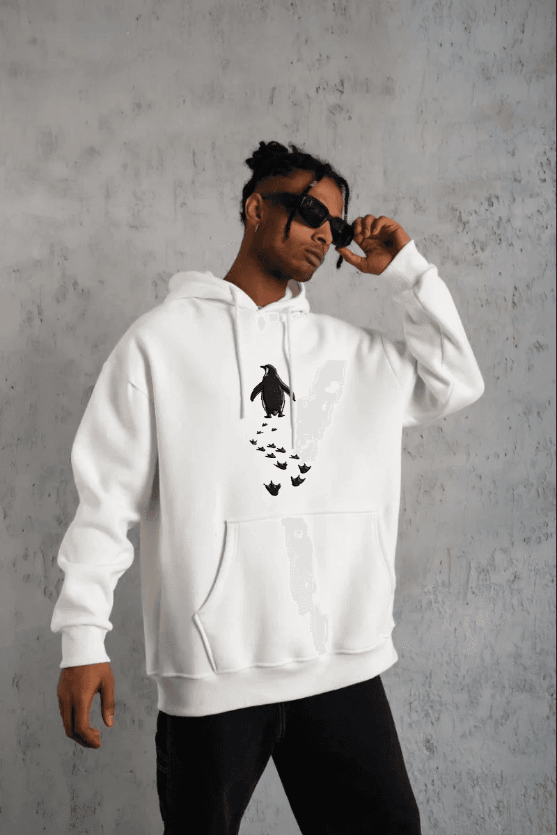 Erkek Nihilist Penguen Baskılı 3 İplik Pamuklu Kapüşonlu Sweatshirt Hoodie Beyaz — görsel 1 / 4