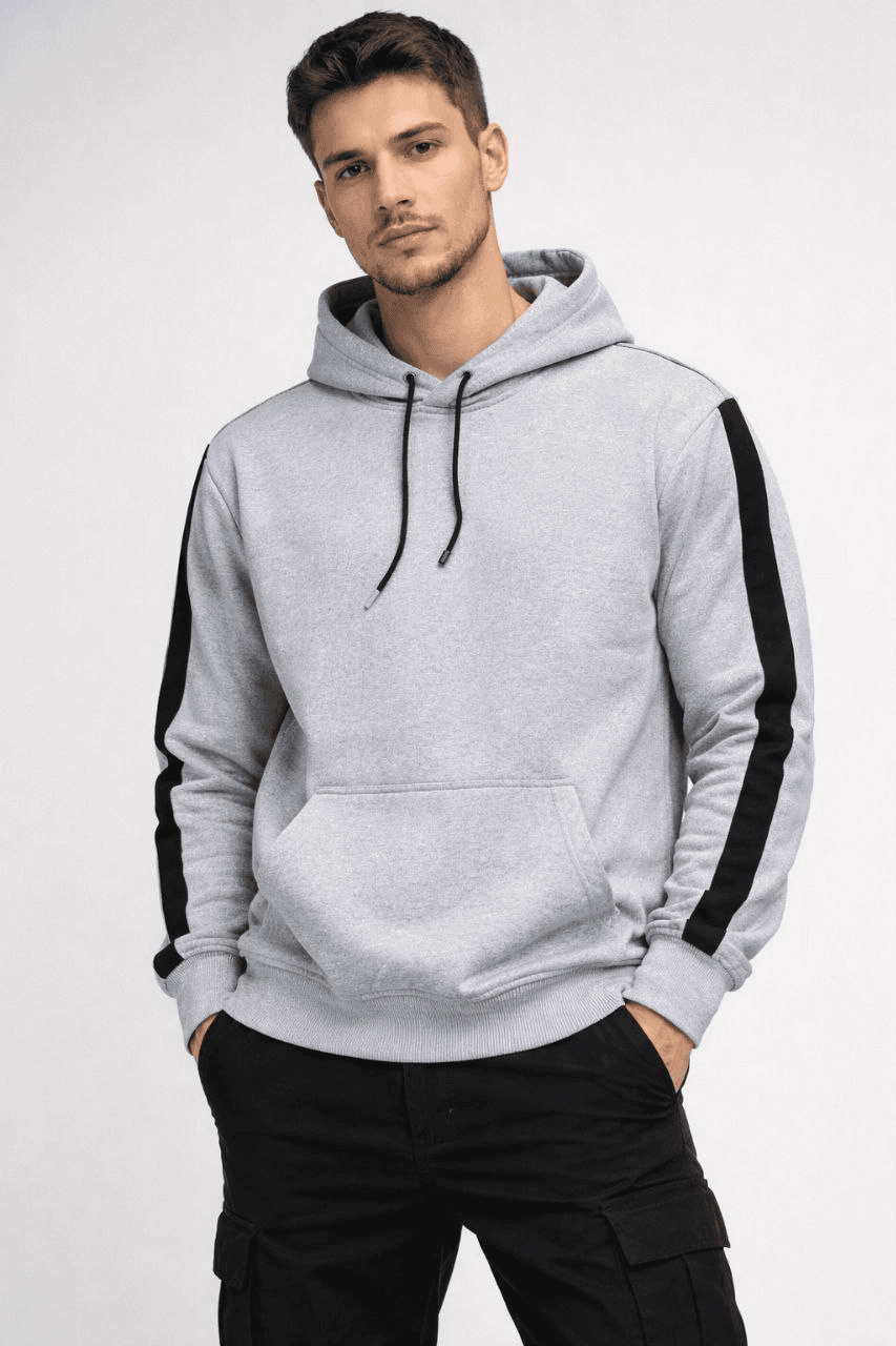 Erkek Şeritli Kapüşonlu Oversize Sweatshirt 3 iplik Pamuklu hoodie - Beyaz — görsel 1 / 4