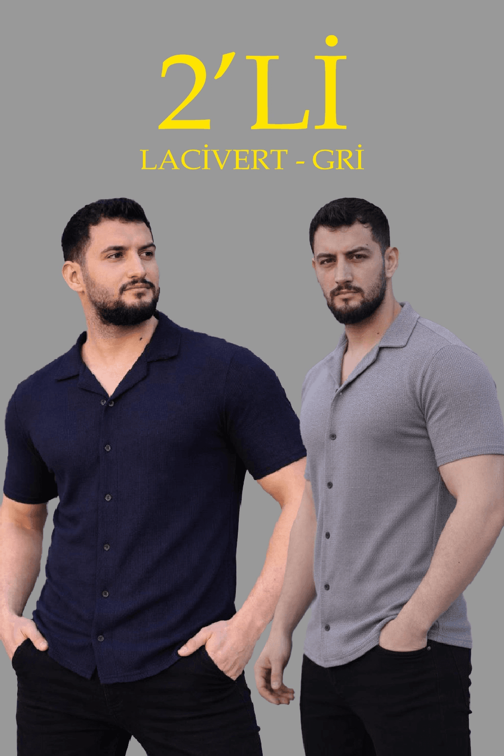 Erkek Waffle Kumaş Açık Yakalı Düğmeli Regular Fit Gömlek 2’li Set Lacivert-Gri