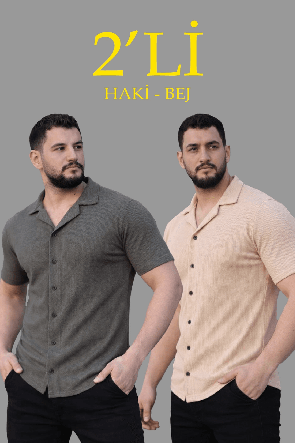 Erkek Waffle Dokuma Kumaş Açık Yakalı Düğmeli Gömlek 2’li Set Haki-Bej