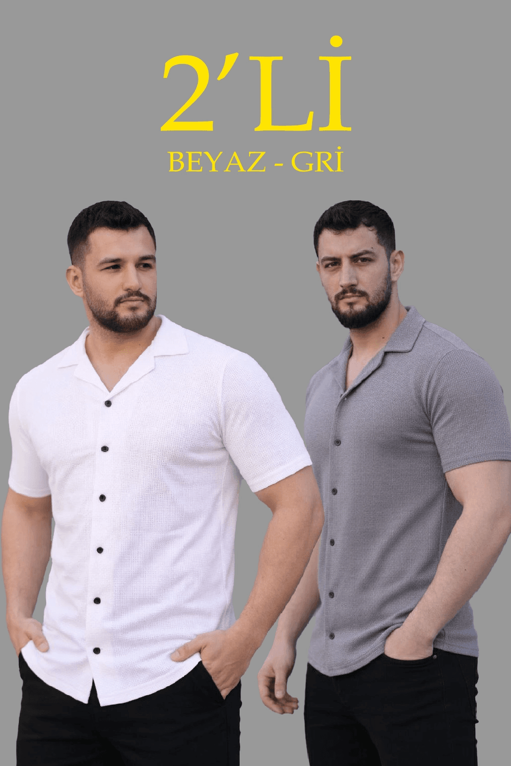 Erkek Waffle Dokuma Kumaş Açık Yakalı Düğmeli Gömlek 2’li Set Beyaz-Gri