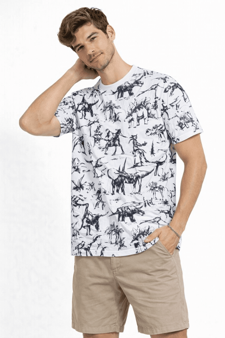 Erkek Dinozor Dijıtal ön ve arka Baskılı Tişört Bisiklet Yaka T-Shirt - Beyaz