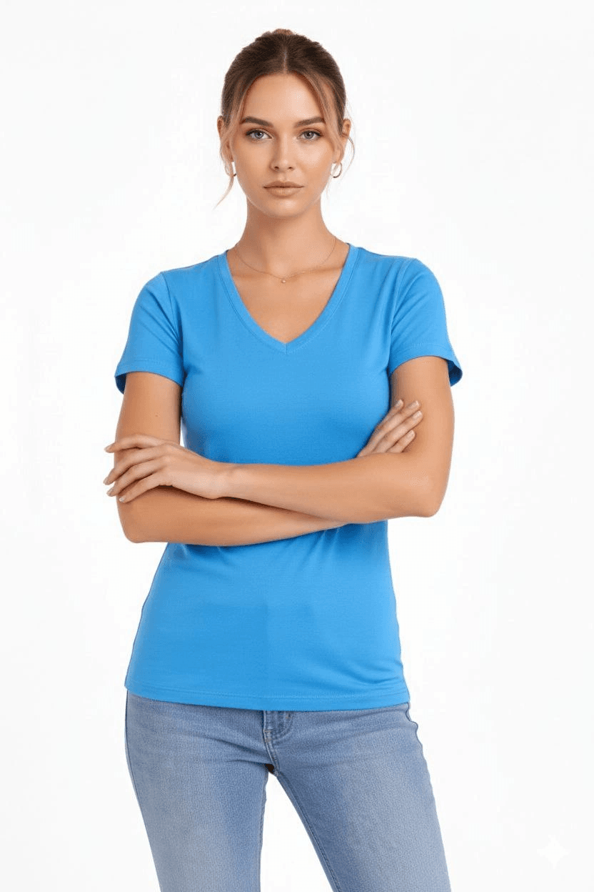 Kadın T-Shirt V Yaka Slim Fit Likralı Tişört Yazlık Basic Body - Açık Mavi — görsel 1 / 4