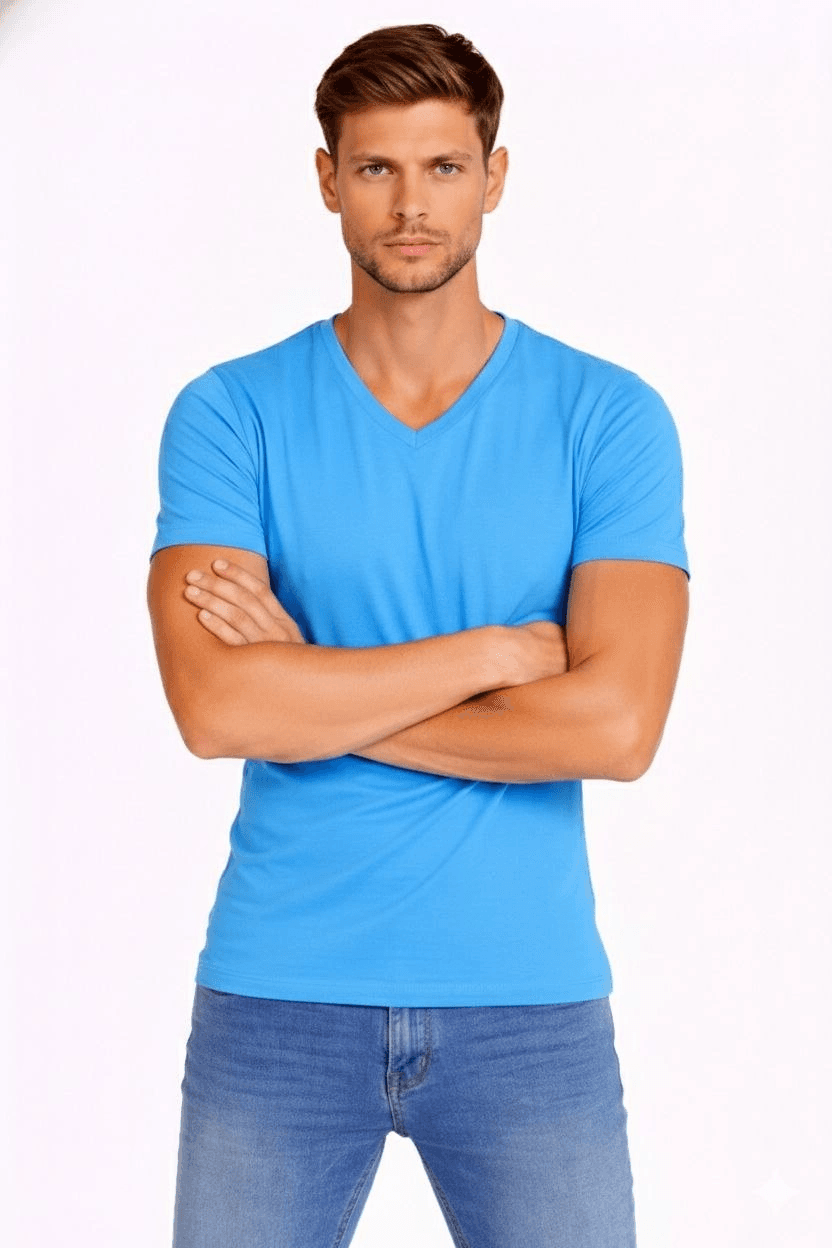 Erkek Body T-shirt V Yaka Slim Fit Likralı Kısa kol Tişört - Açık Mavi — görsel 1 / 4