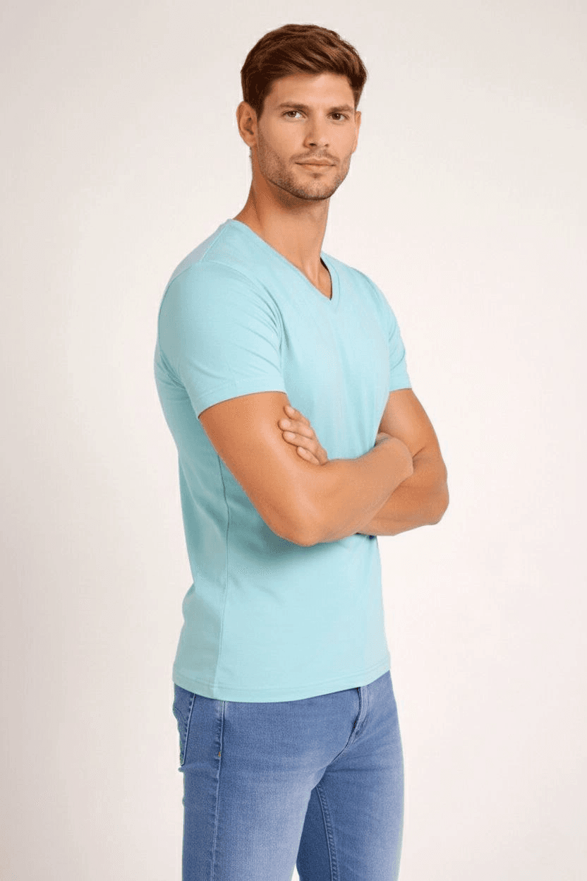 Erkek Body T-shirt V Yaka Slim Fit Likralı Kısa kol Tişört - Turkuvaz