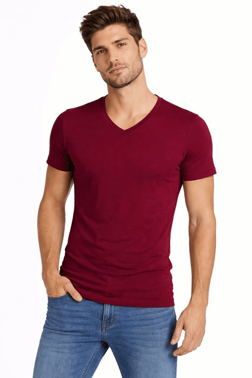 Erkek Body T-shirt V Yaka Slim Fit Likralı Kısa kol Tişört - Bordo — görsel 1 / 4