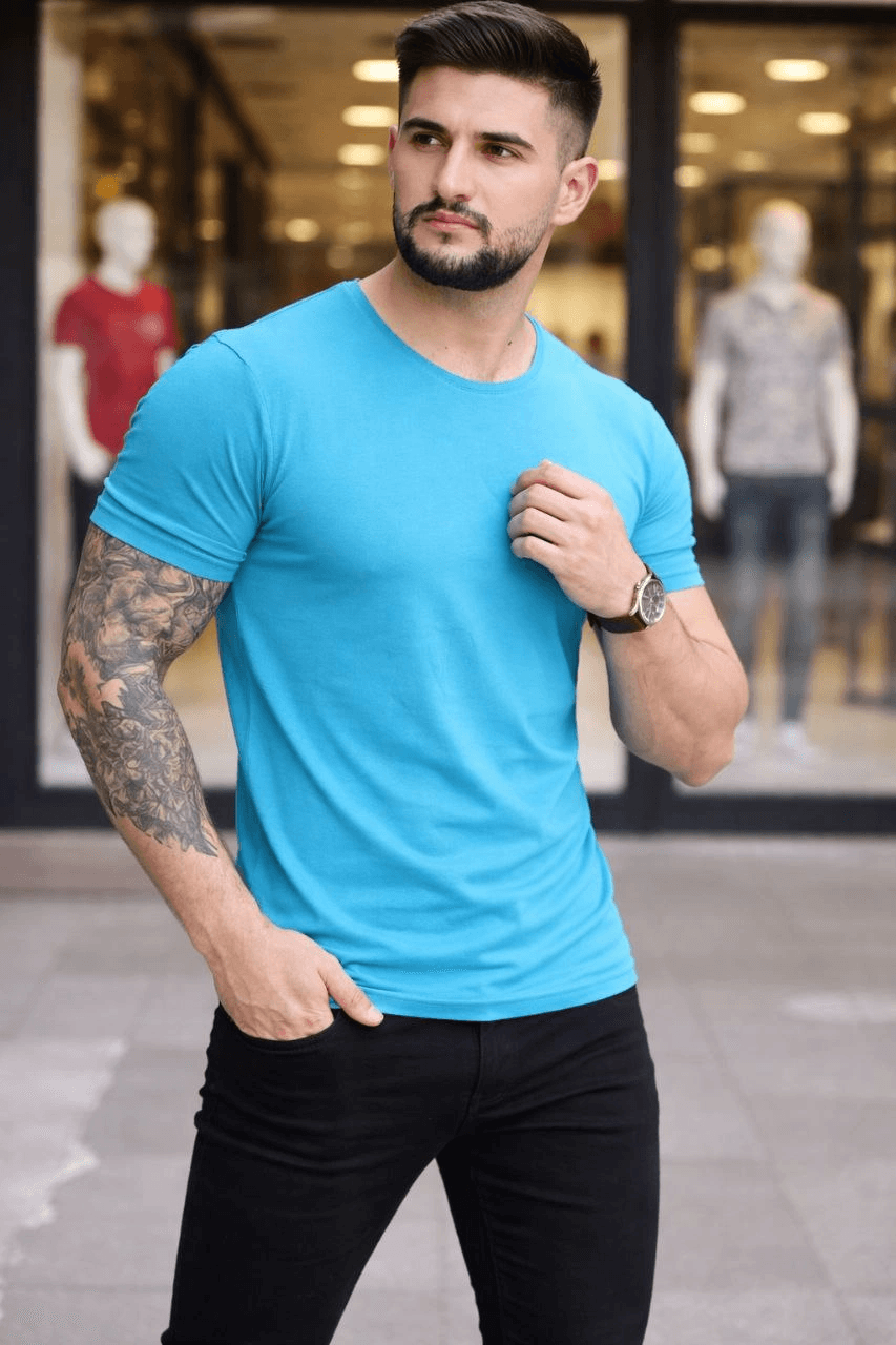 Erkek Body Tişört Bisiklet Yaka Slim Fit Likralı T-Shirt - Açık Mavi — görsel 1 / 4