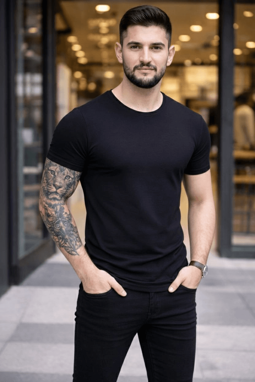 Erkek Body Tişört Bisiklet Yaka Slim Fit Likralı T-Shirt - Siyah
