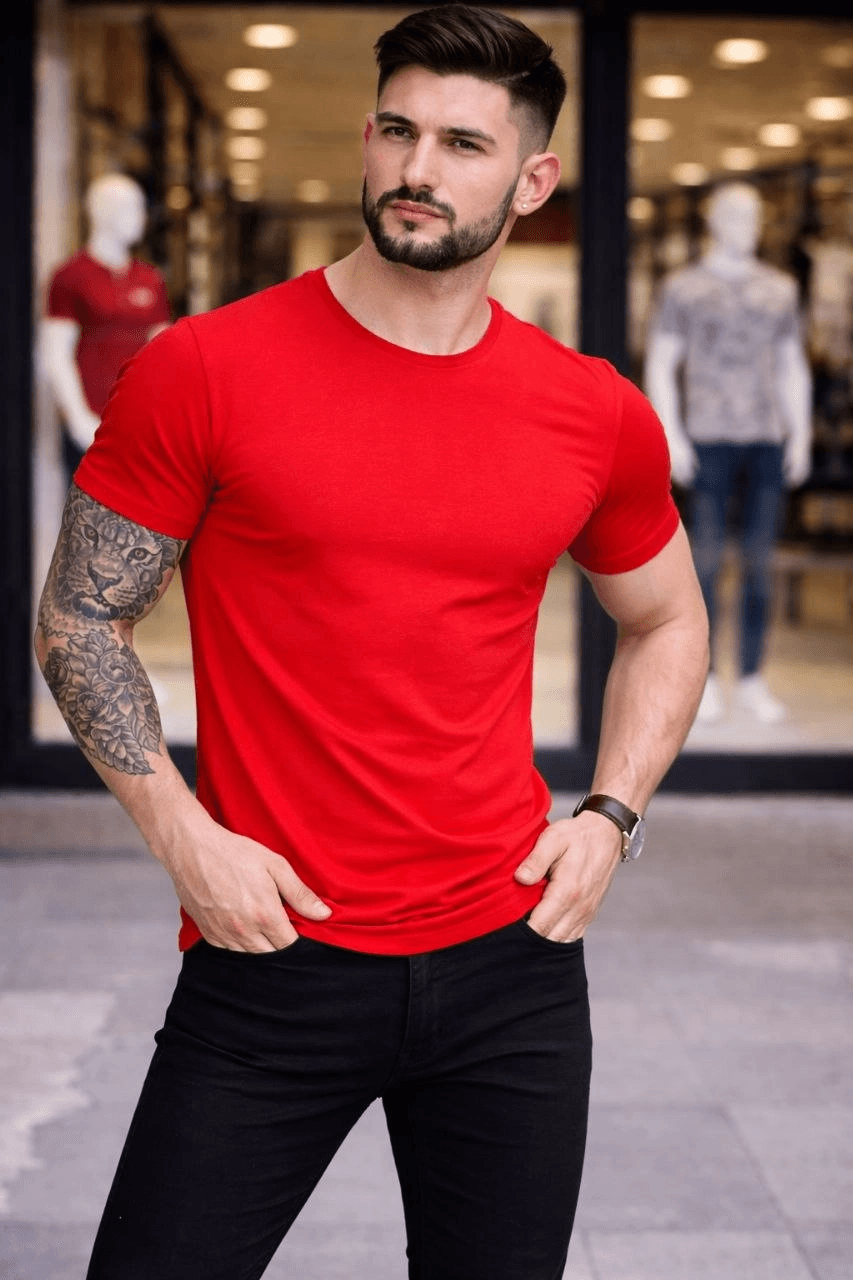Erkek Body Tişört Bisiklet Yaka Slim Fit Likralı T-Shirt - Kırmızı — görsel 1 / 4