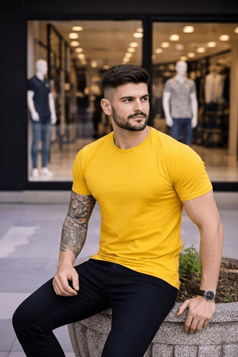 Erkek Body Tişört Bisiklet Yaka Slim Fit Likralı T-Shirt - Sarı — görsel 1 / 4