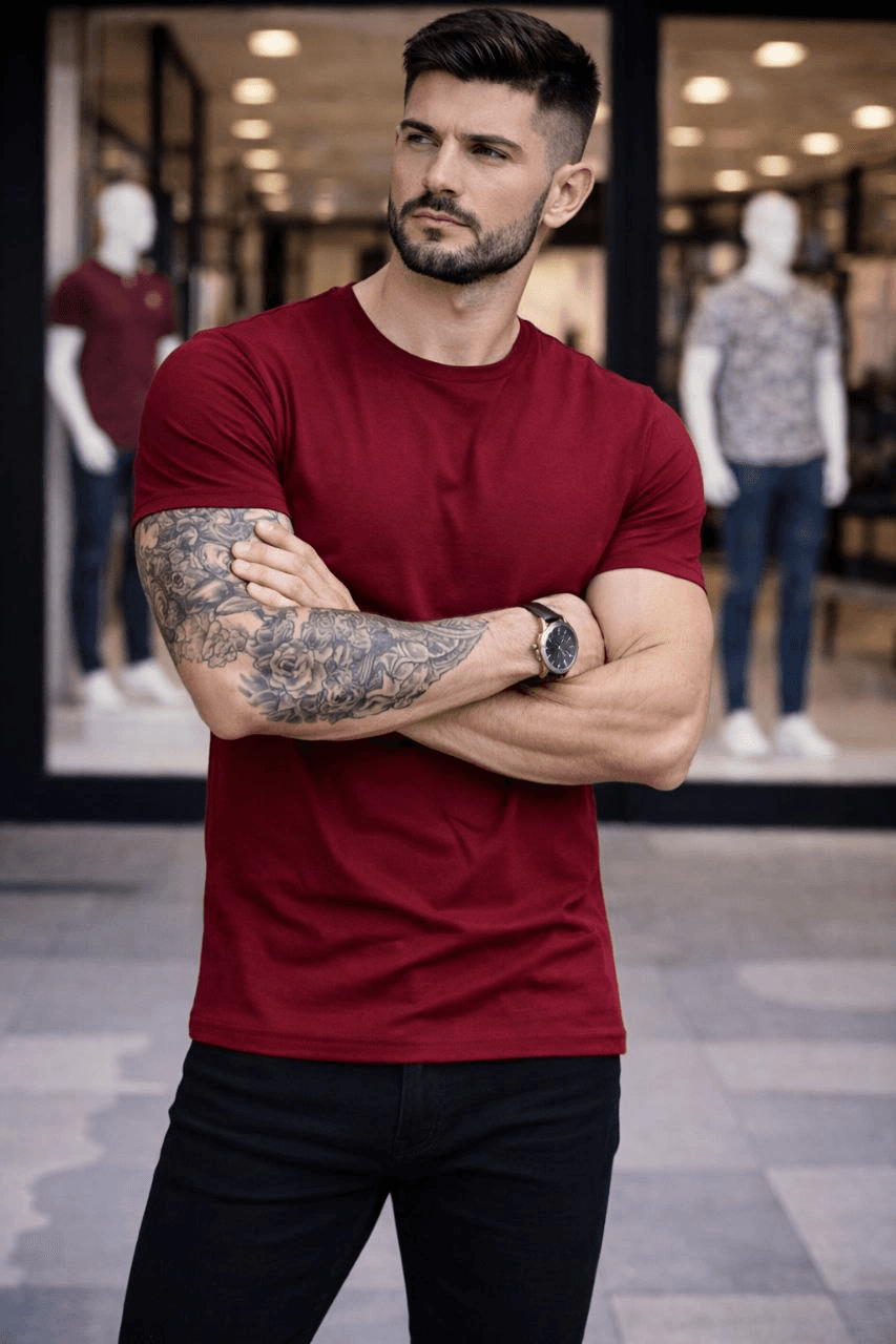 Erkek Body Tişört Bisiklet Yaka Slim Fit Likralı T-Shirt - Bordo — görsel 1 / 4
