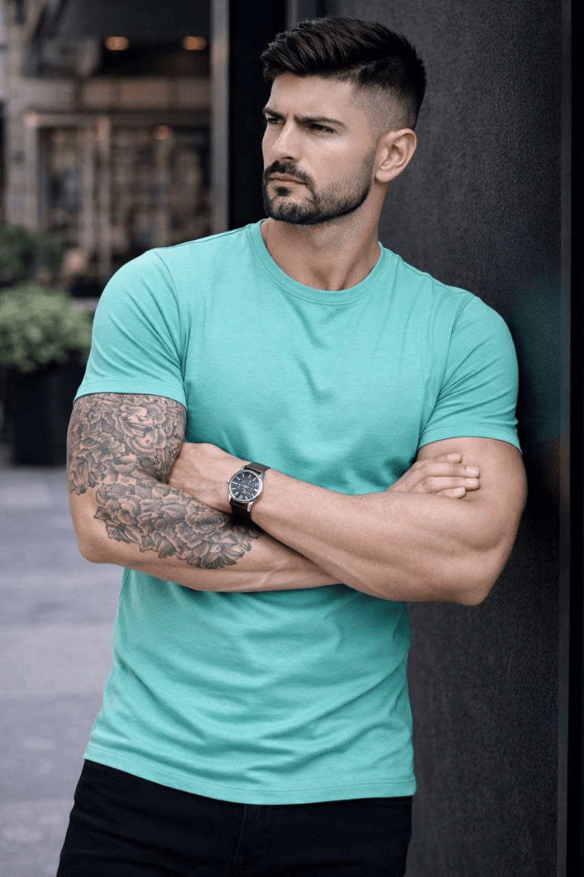 Erkek Body Tişört Bisiklet Yaka Slim Fit Likralı T-Shirt - Turkuvaz — görsel 1 / 4