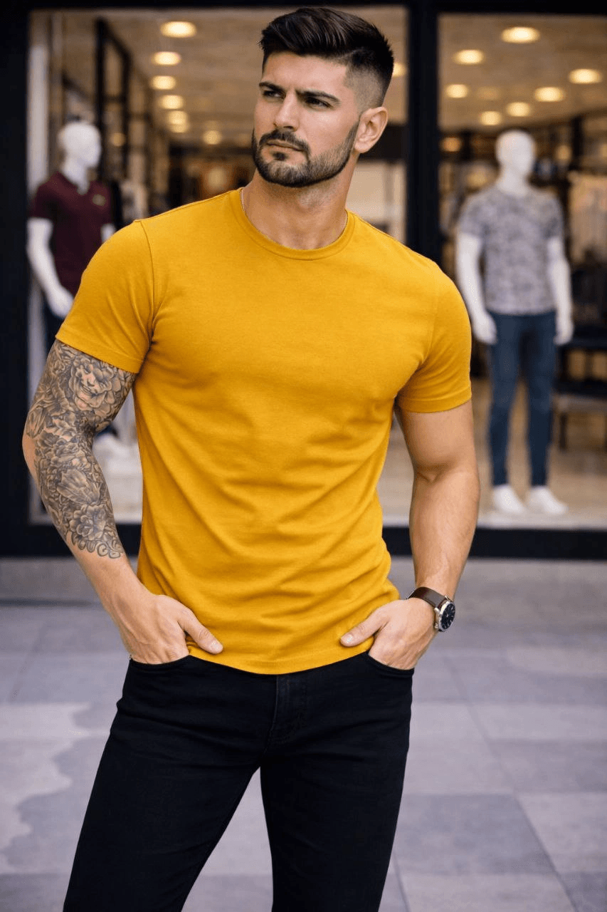 Erkek Body Tişört Bisiklet Yaka Slim Fit Likralı T-Shirt - Limon — görsel 1 / 4