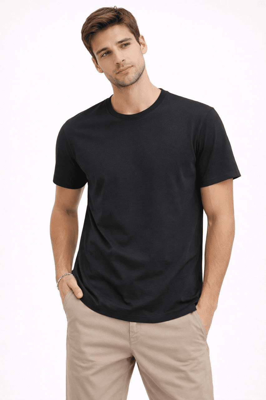 Erkek Bisiklet Yaka Yazlık Kısa kol Düz Tişört Regular Kalıp T-shirt - Siyah — görsel 1 / 5