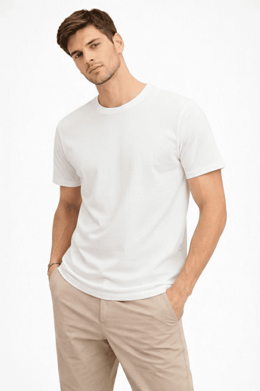 Erkek Bisiklet Yaka Yazlık Kısa kol Düz Tişört Regular Kalıp T-shirt - Beyaz — görsel 1 / 5