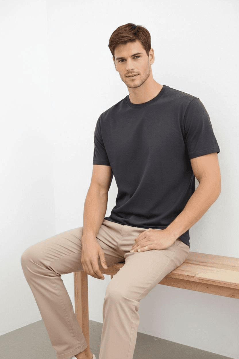 Erkek Bisiklet Yaka Yazlık Kısa kol Düz Tişört Regular Kalıp T-shirt - Füme — görsel 1 / 5