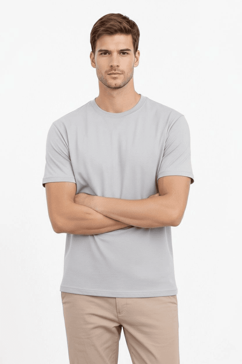 Erkek Bisiklet Yaka Yazlık Kısa kol Düz Tişört Regular Kalıp T-shirt - Gri — görsel 1 / 5
