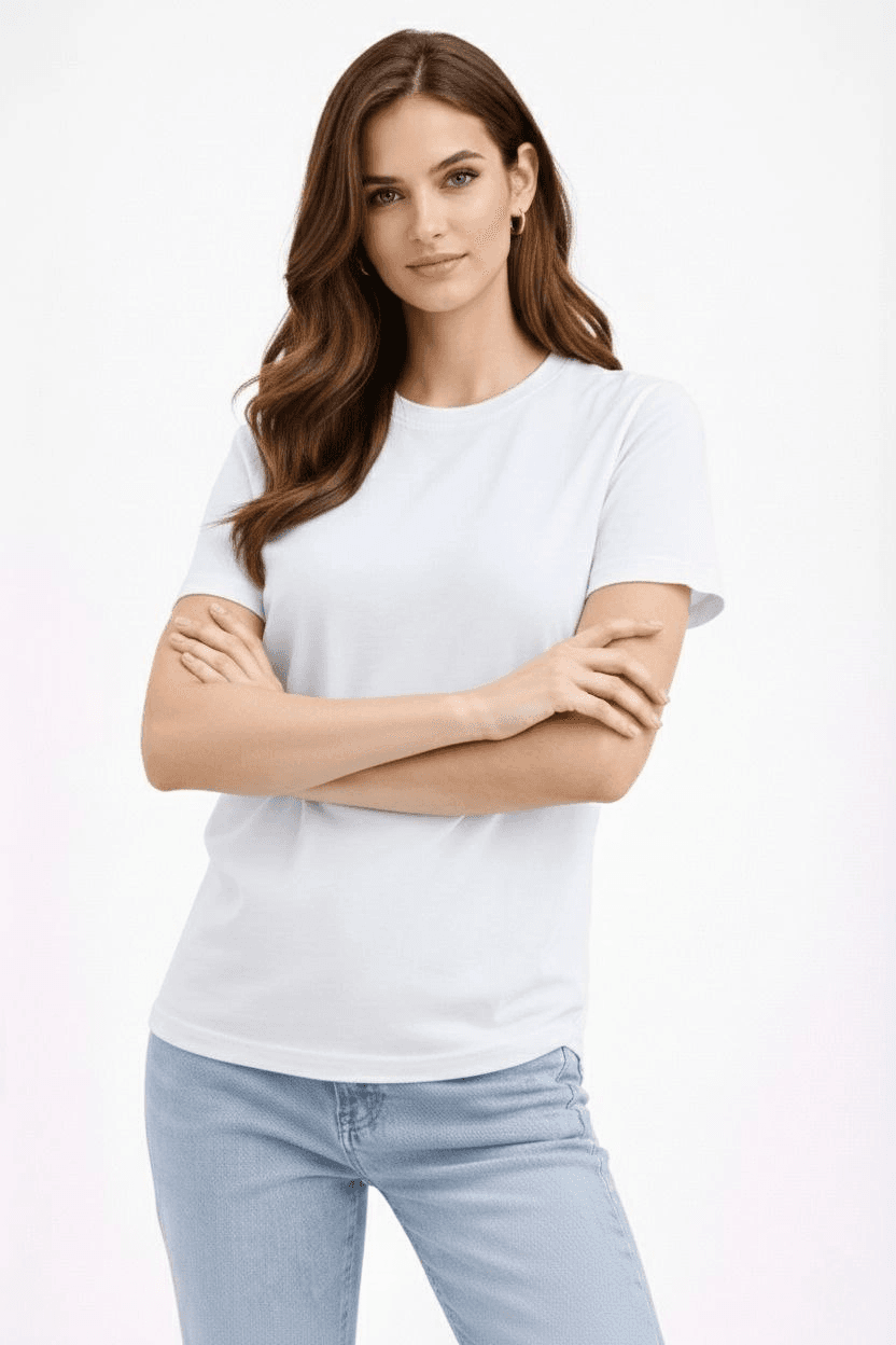 Kadın Bisiklet Yaka Yazlık Kısa kol Düz Tişört Regular Kalıp T-shirt - Beyaz