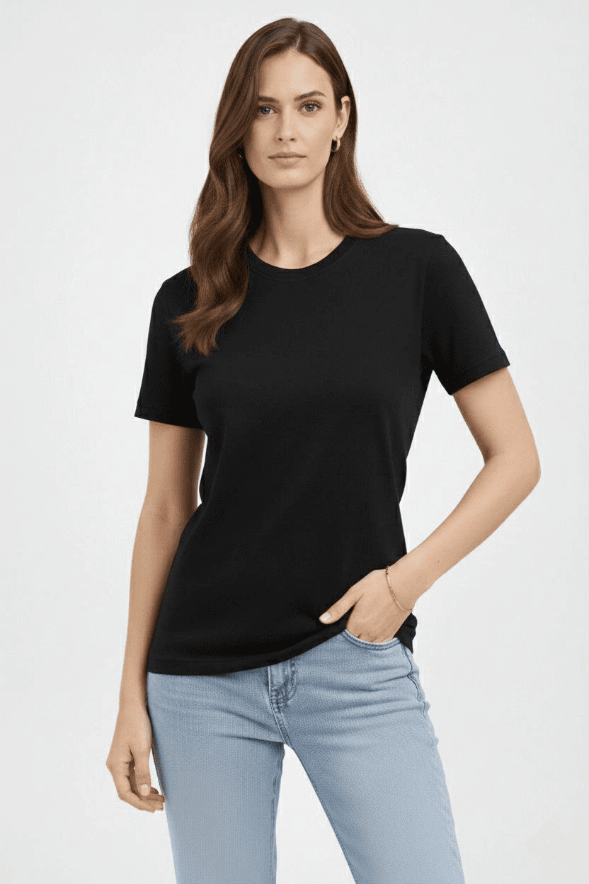 Kadın Bisiklet Yaka Yazlık Kısa kol Düz Tişört Regular Kalıp T-shirt - Siyah — görsel 1 / 6