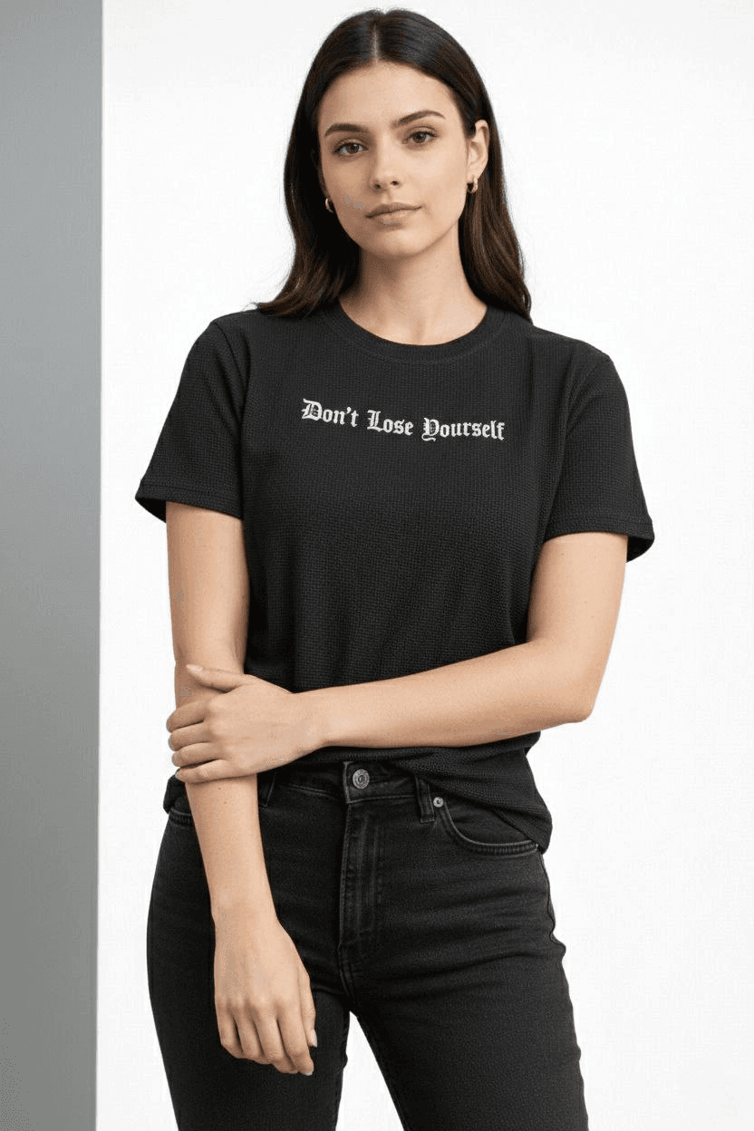 Kadın Wafıl Kumaş Tişört Regular Kalıp Bisiklet Yaka Baskılı T-Shirt - Siyah — görsel 1 / 6