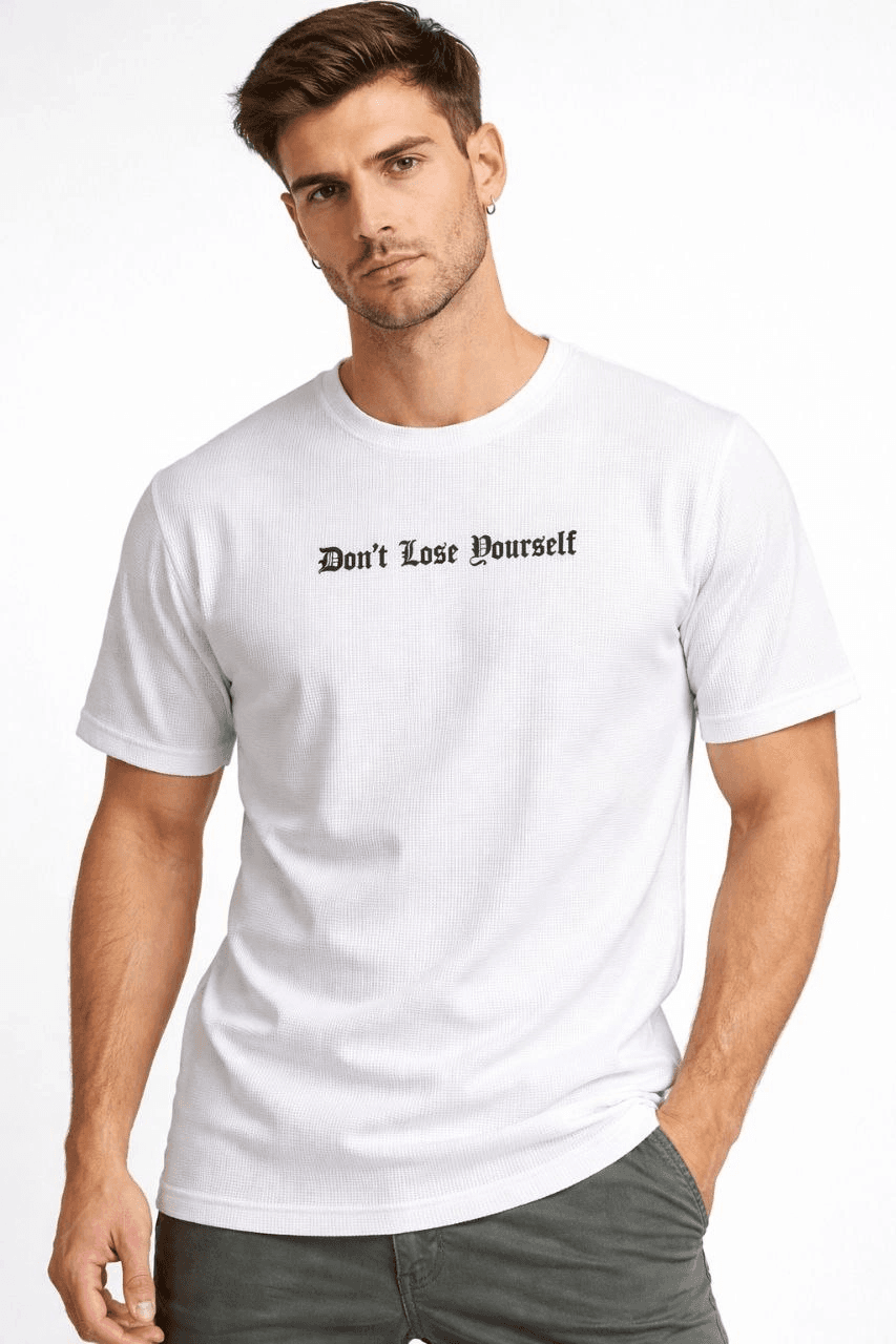 Erkek Wafıl Kumaş Tişört Regular Kalıp Bisiklet Yaka Baskılı T-Shirt - Beyaz