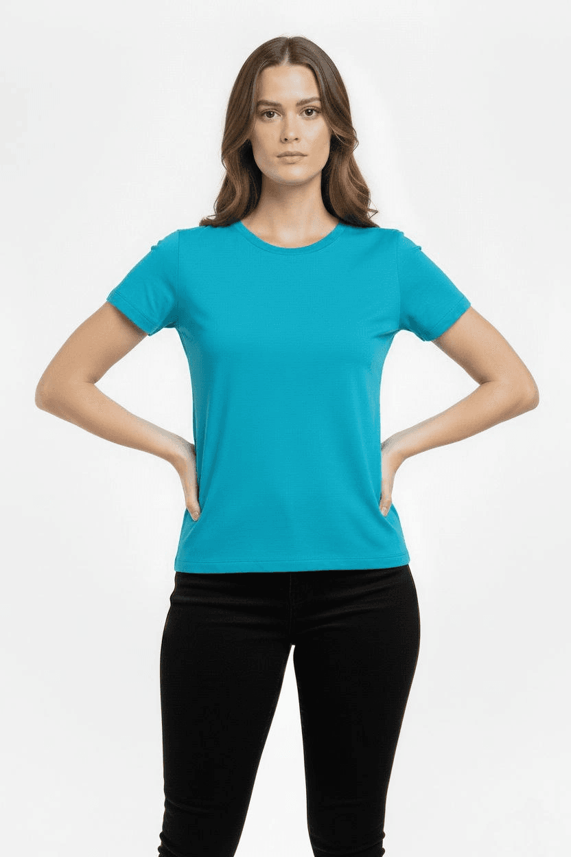 Kadın T-Shirt Bisiklet Yaka Slim Fit Likralı Tişört Yazlık Basic Body - Turkuvaz — görsel 1 / 3