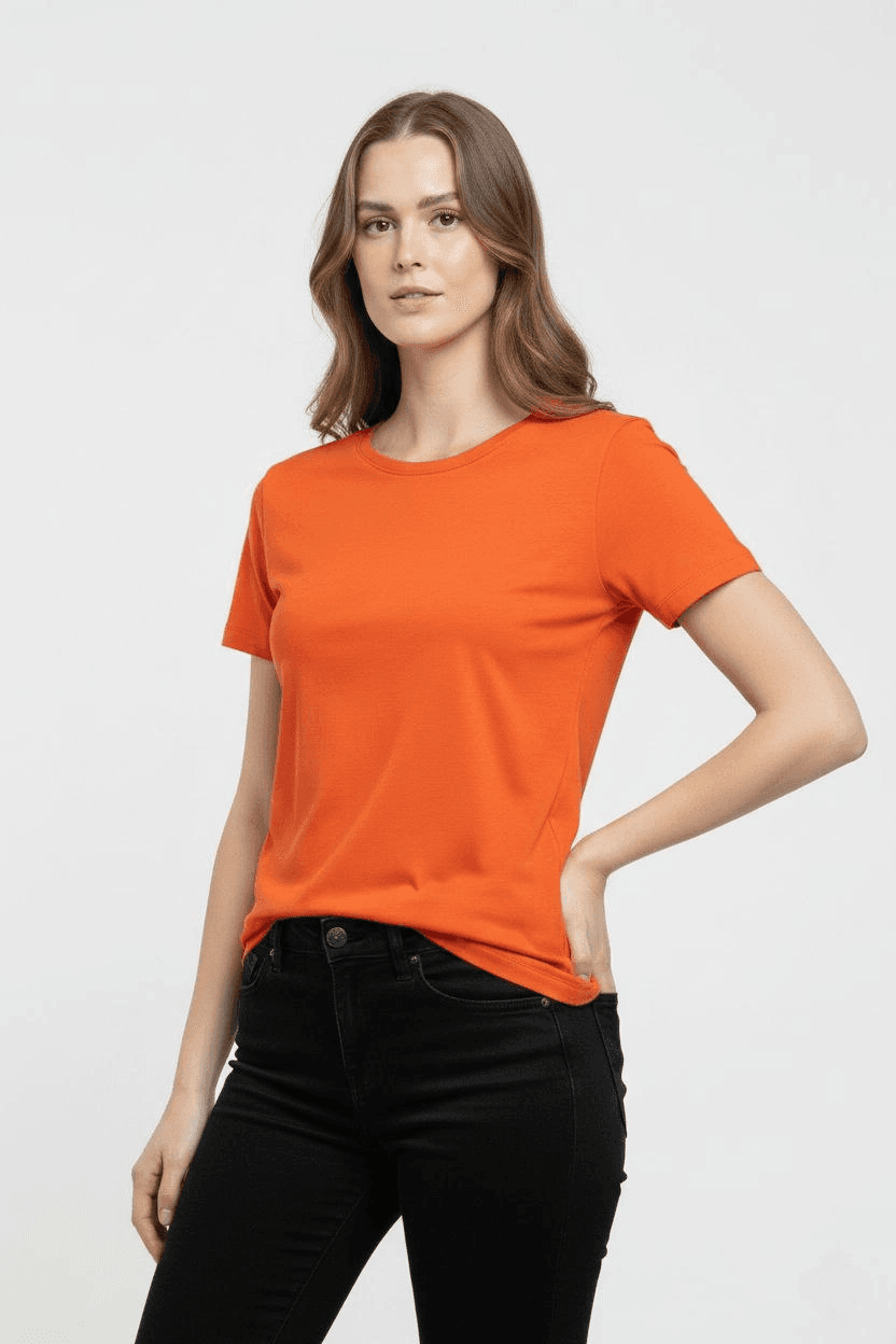 Kadın T-Shirt Bisiklet Yaka Slim Fit Likralı Tişört Yazlık Basic Body - Turuncu — görsel 1 / 3