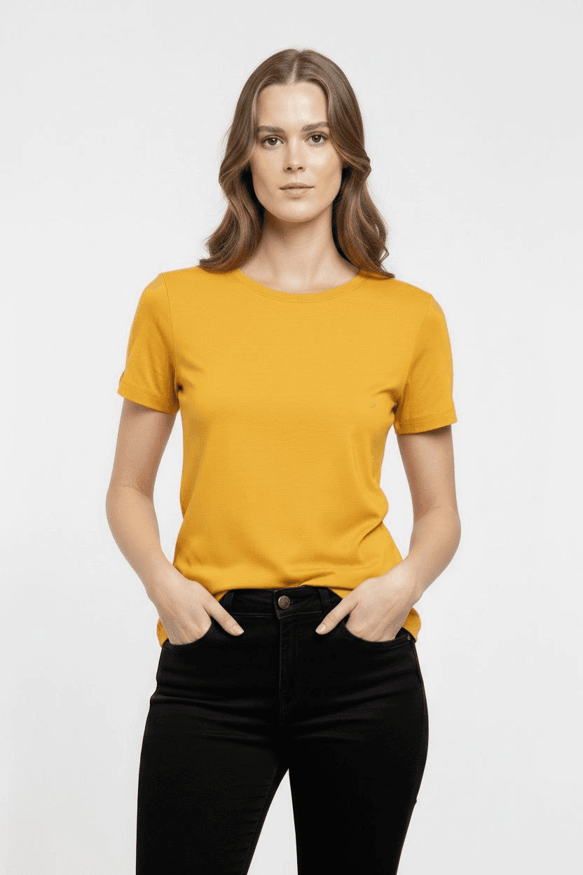 Kadın T-Shirt Bisiklet Yaka Slim Fit Likralı Tişört Yazlık Basic Body - Sarı — görsel 1 / 3