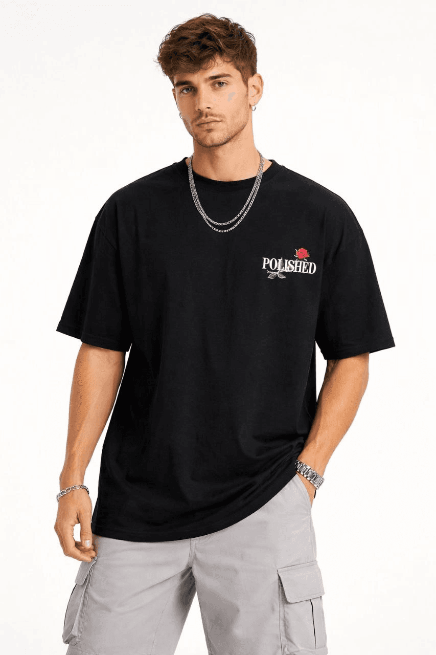 Erkek Kısa Kol Yazlık Tişört Bisiklet Yaka Baskılı Oversize T-Shirt - Siyah — görsel 1 / 3
