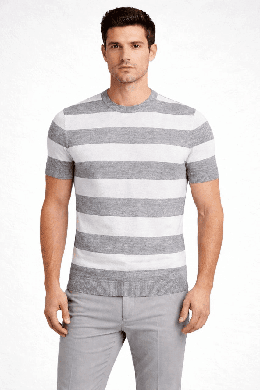 Erkek T-shirt Çizgili Kısa Kol Yazlık Triko Dokuma Bisiklet Yaka Tişört - Gri — görsel 1 / 3