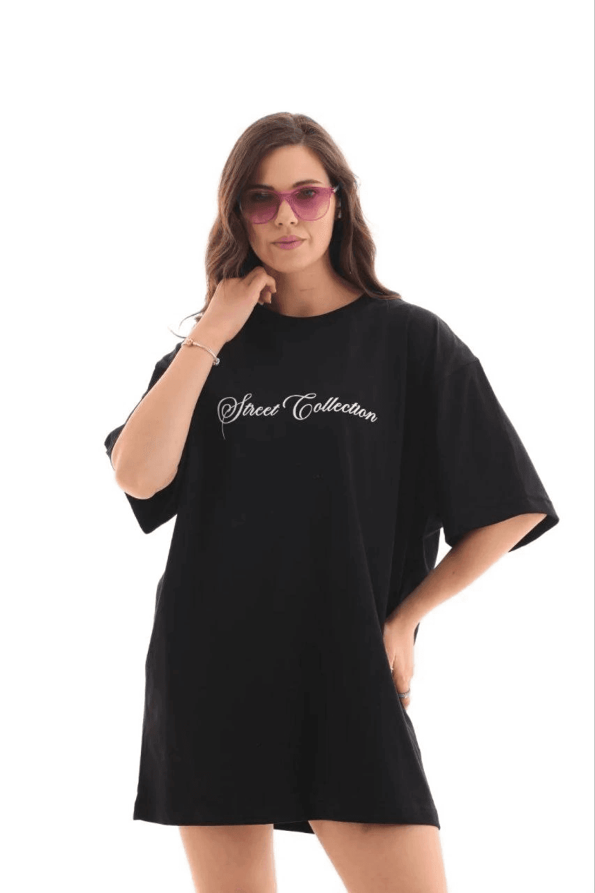 Kadın Kısa Kol Yazlık Tişört Bisiklet Yaka Baskılı Oversize T-Shirt - Siyah