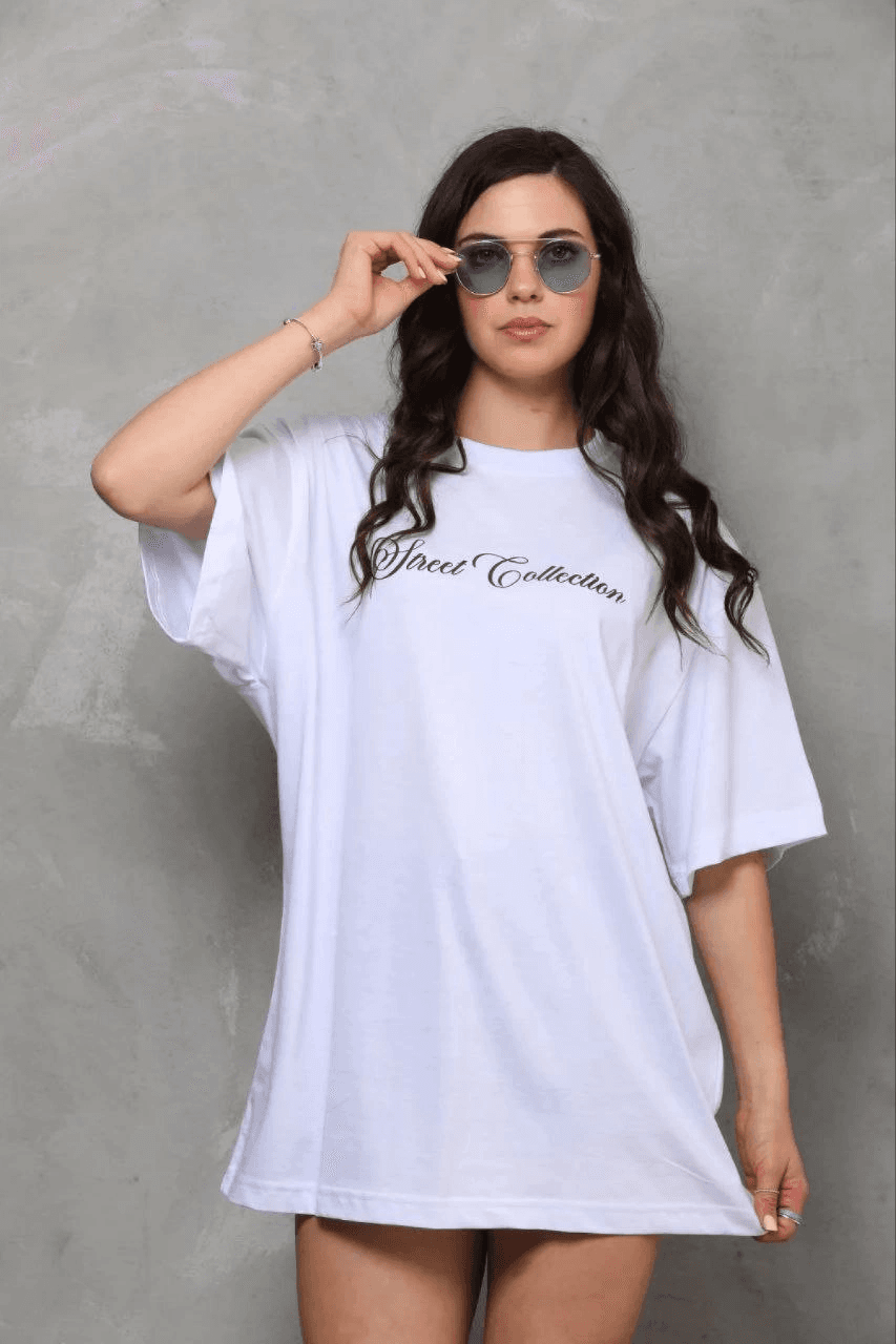 Kadın Kısa Kol Yazlık Tişört Bisiklet Yaka Baskılı Oversize T-Shirt - Beyaz — görsel 1 / 4