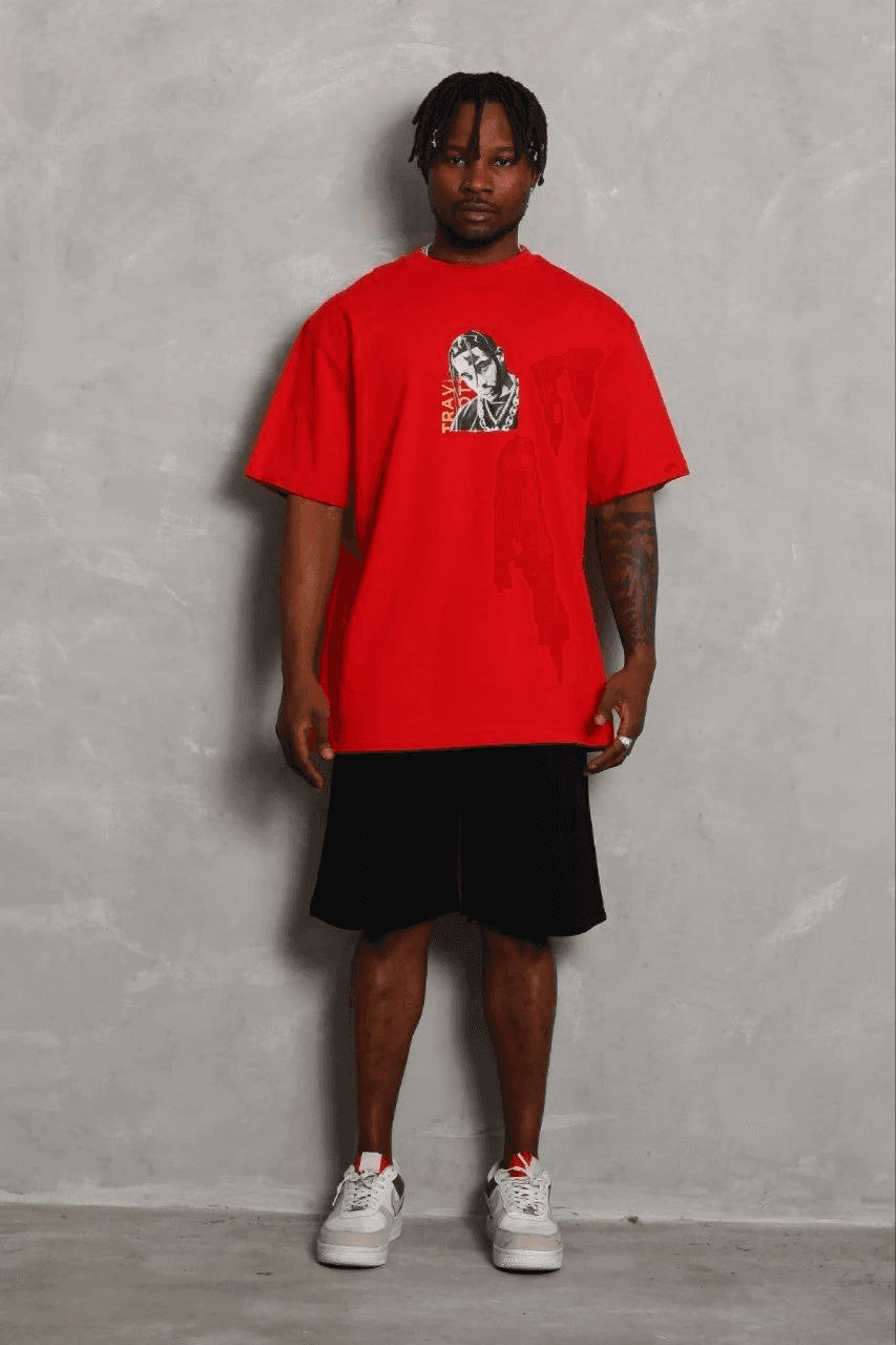 Erkek Baskılı T-Shirt Kısa Kol Bisiklet Yaka Regular Fit Tişört - Kırmızı