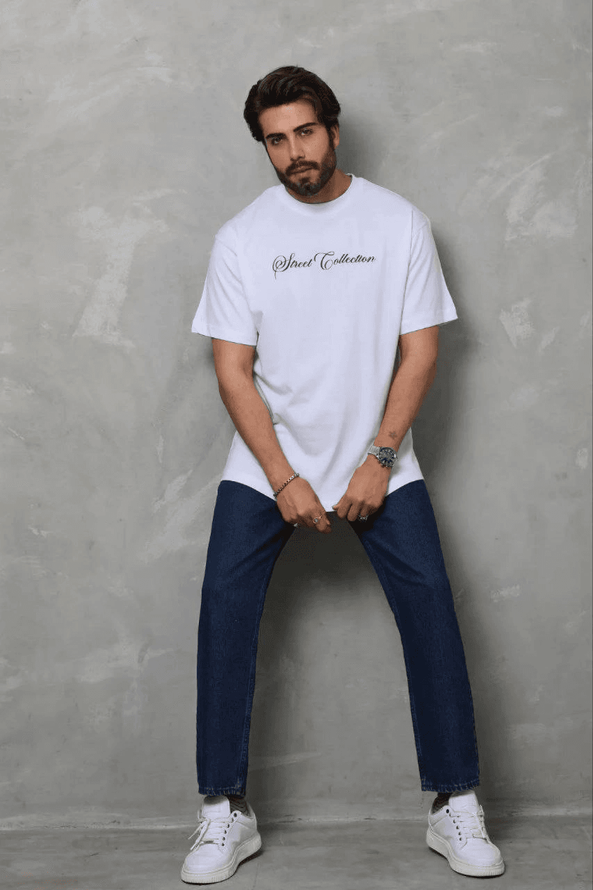 Erkek Baskılı T-Shirt Kısa Kol Bisiklet Yaka Regular Fit Tişört - Beyaz