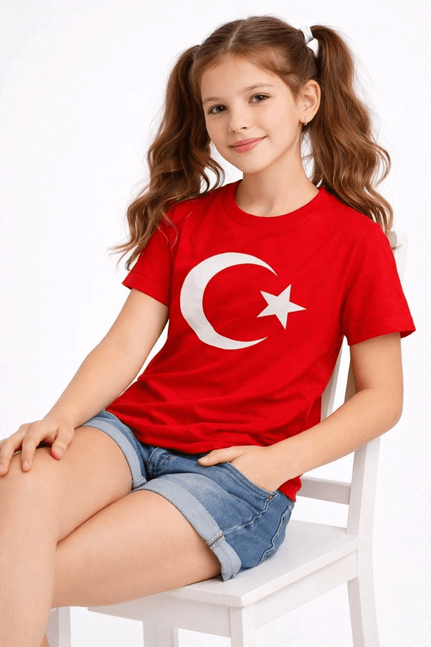 Kız Çocuk Tişört Bisiklet Yaka Ay Yıldız Bayrak Baskılı T-Shirt - Kırmızı — görsel 1 / 3