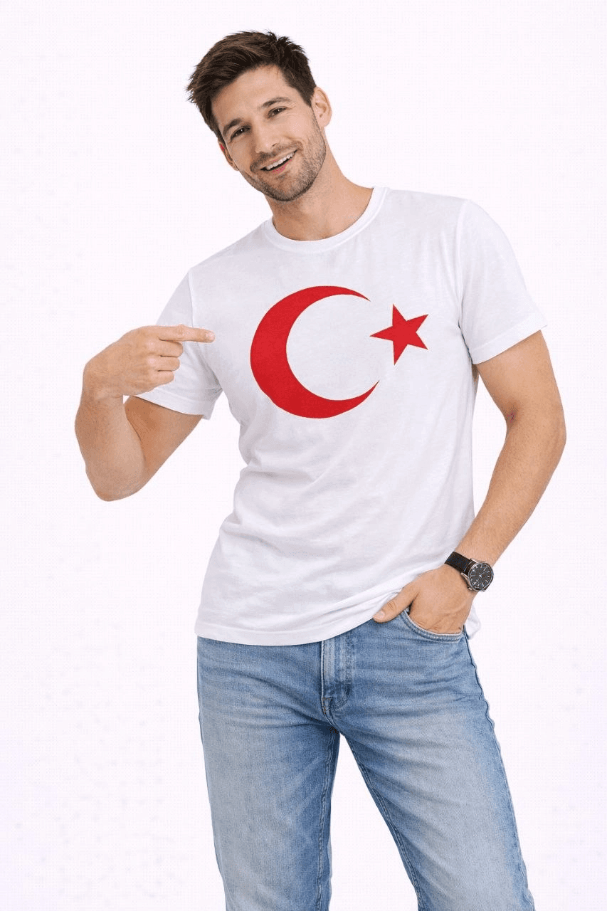 Erkek T-Shirt Kısa Kol Bisiklet Yaka Ay Yıldız Bayrak Baskılı Tişört - Beyaz — görsel 1 / 3