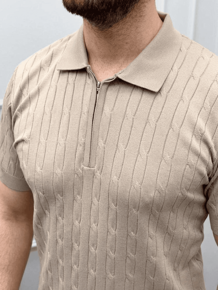 Erkek Yazlık Triko Saç Örgü Tişört Kısa Kol Polo Yaka Fermuarlı T-Shirt - Bej — görsel 1 / 5