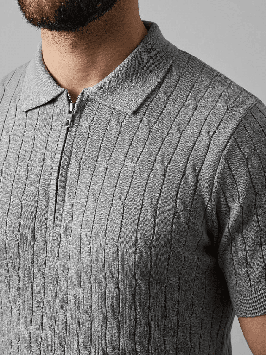 Erkek Yazlık Triko Saç Örgü Tişört Kısa Kol Polo Yaka Fermuarlı T-Shirt - Gri — görsel 1 / 5